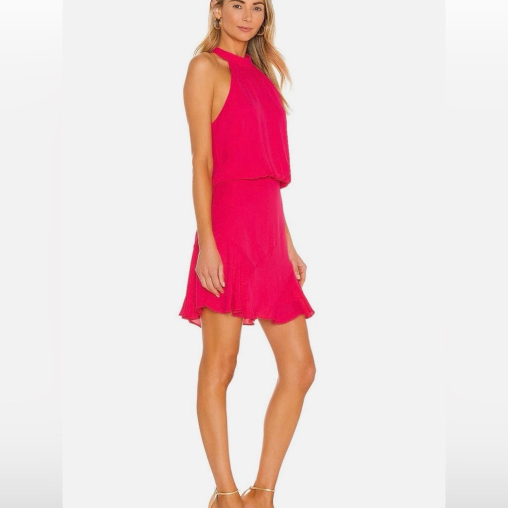 krisa Asymmetrical Flare Halter Mini Dress Freesia Pink XS NWT $209 - Picture 2 of 7